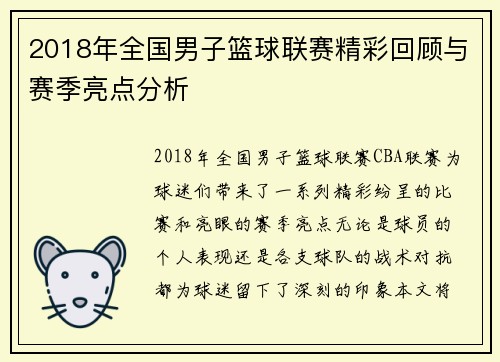 2018年全国男子篮球联赛精彩回顾与赛季亮点分析