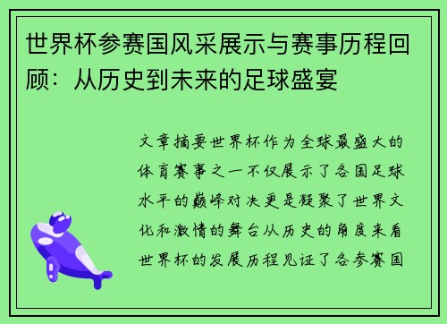 世界杯参赛国风采展示与赛事历程回顾：从历史到未来的足球盛宴